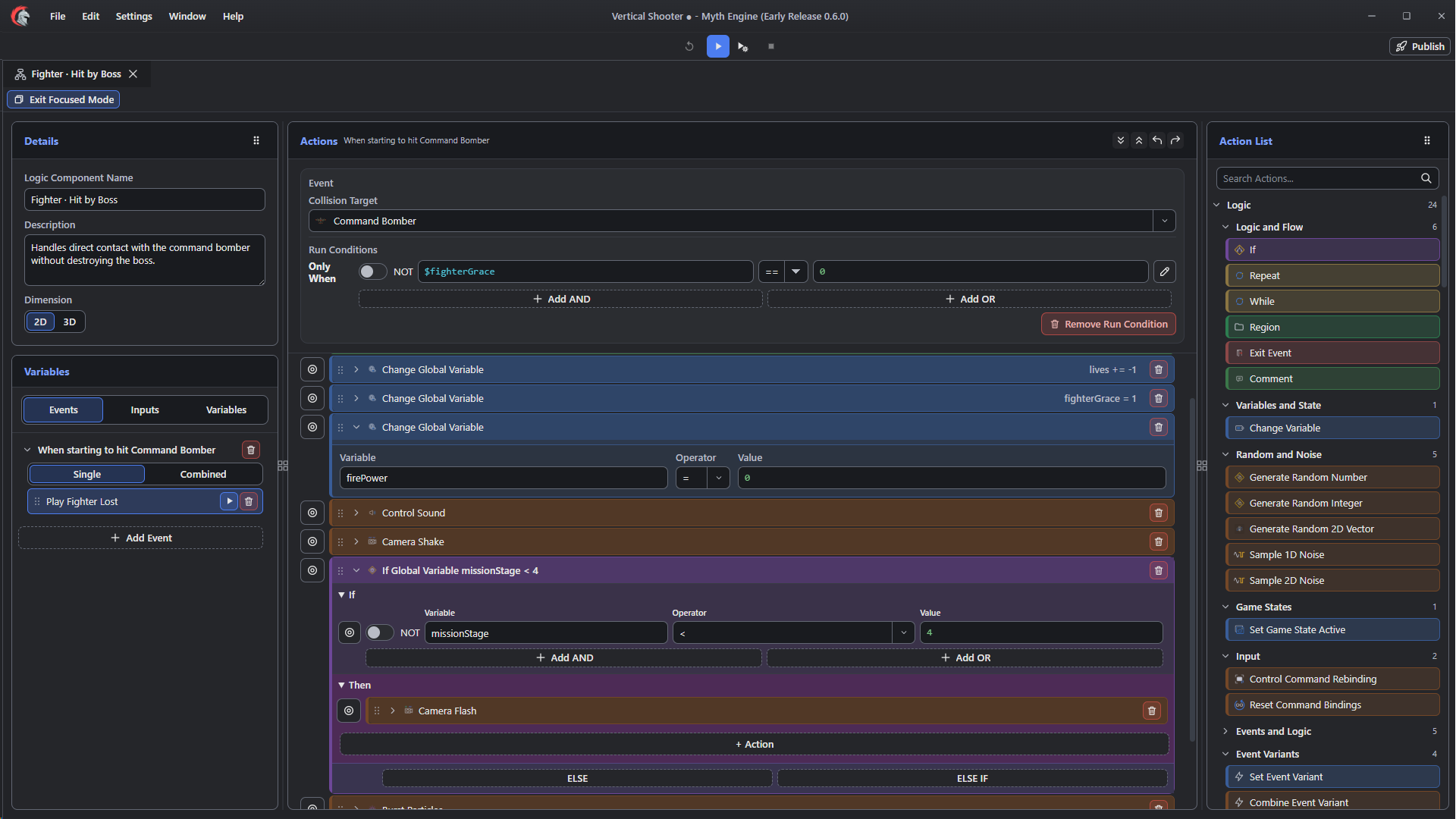 Myth Engine Logic Editor showing collision conditions, variable actions, sound, camera shake, and an if branch