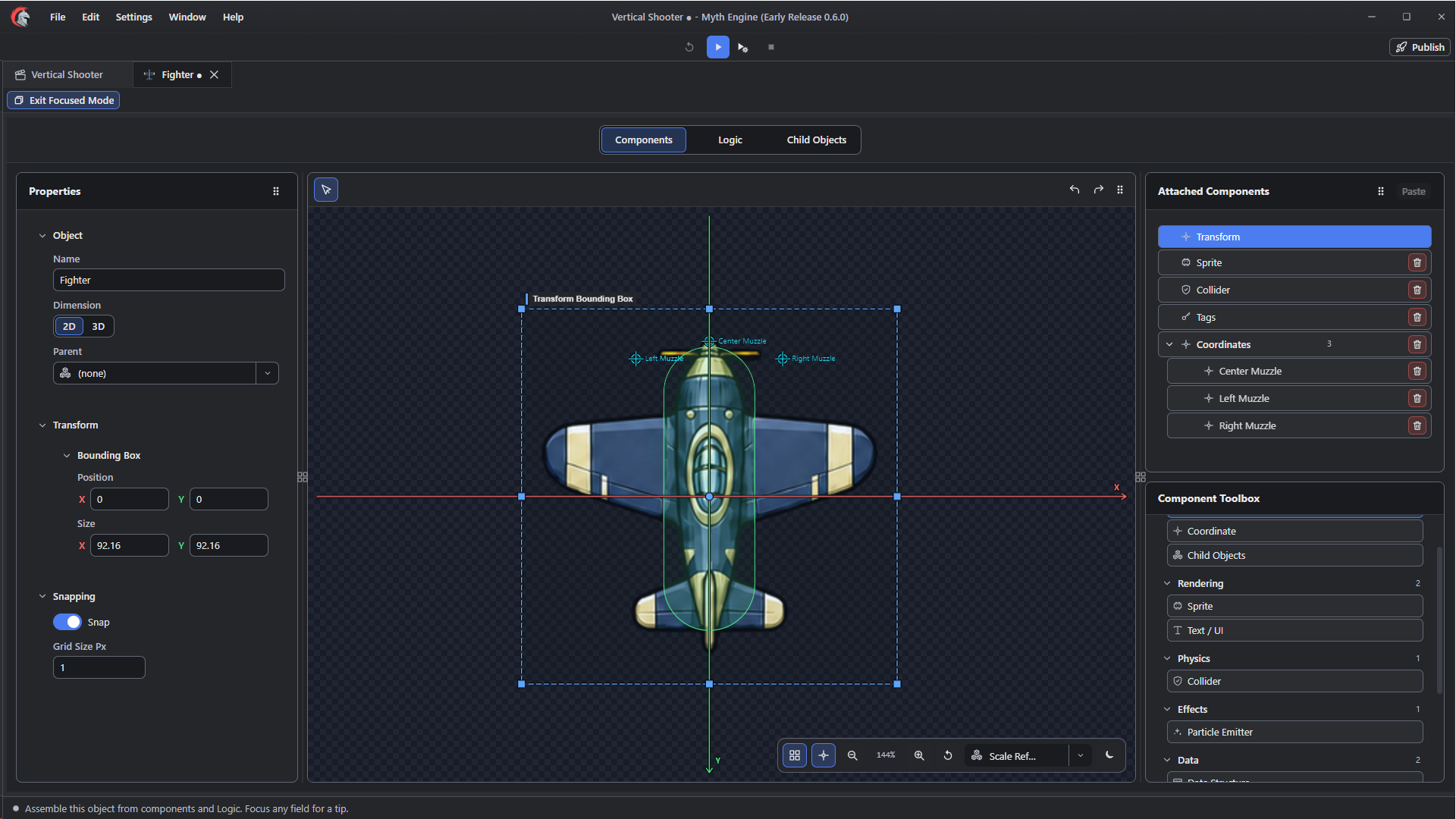Myth Engine Object Editor assembling a fighter aircraft from transform, sprite, collider, tags, and coordinate components