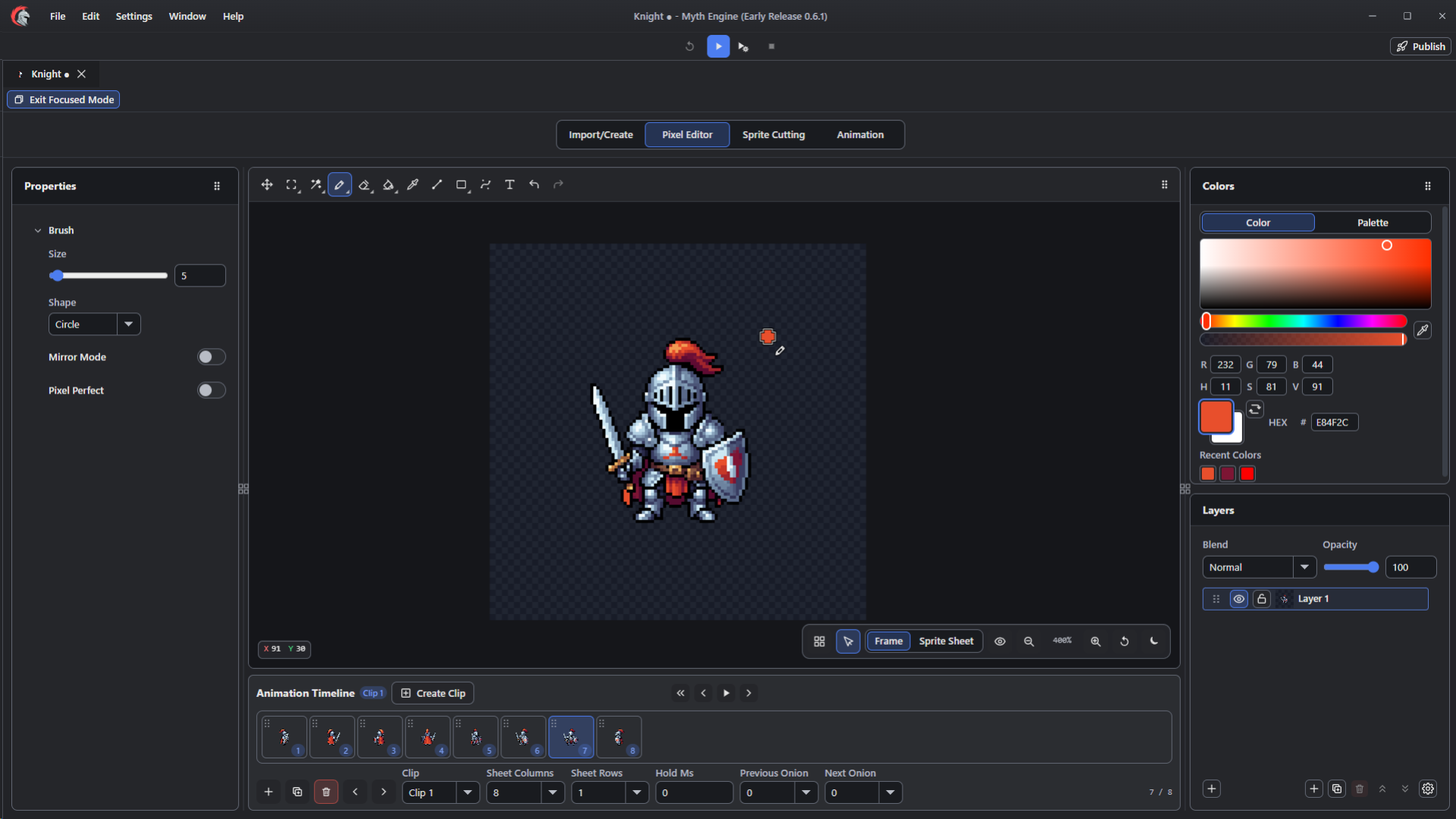 Myth Engine Sprite Editor drawing and animating a pixel-art knight