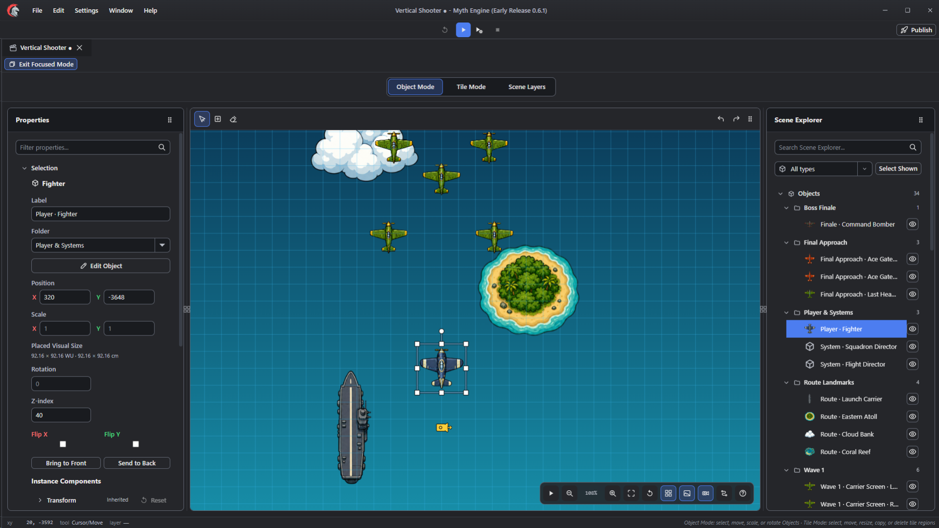 Myth Engine Scene Editor with object properties, the scene canvas, and Scene Explorer