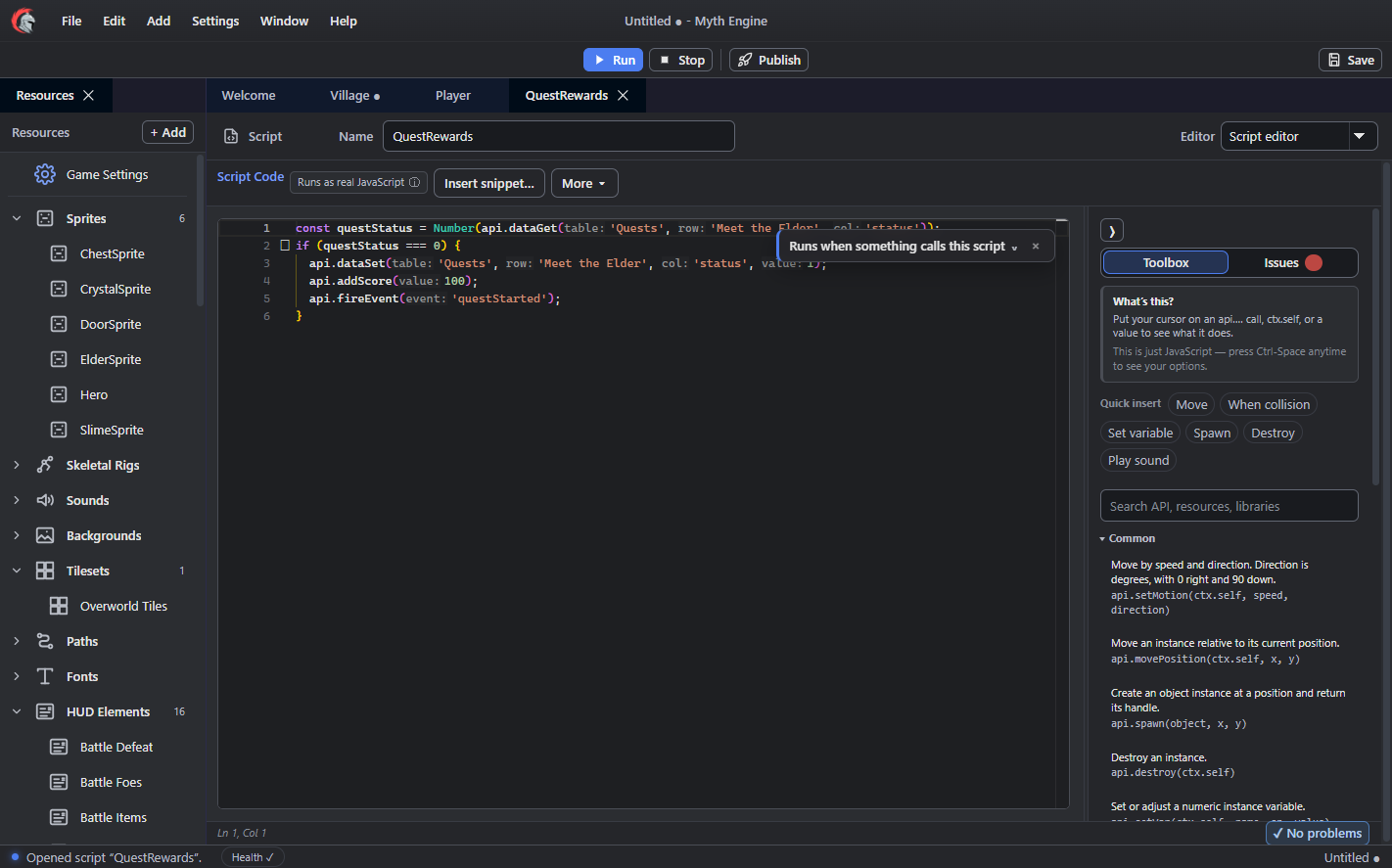 Myth Engine's Monaco JavaScript editor with typed resource-aware APIs and an integrated reference panel
