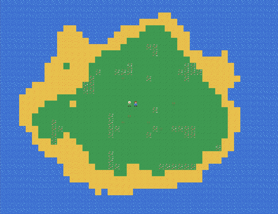 The real Myth Engine Cozy Island starter running in playtest, with a generated meadow, beach, ocean, berry patches, player, and islander