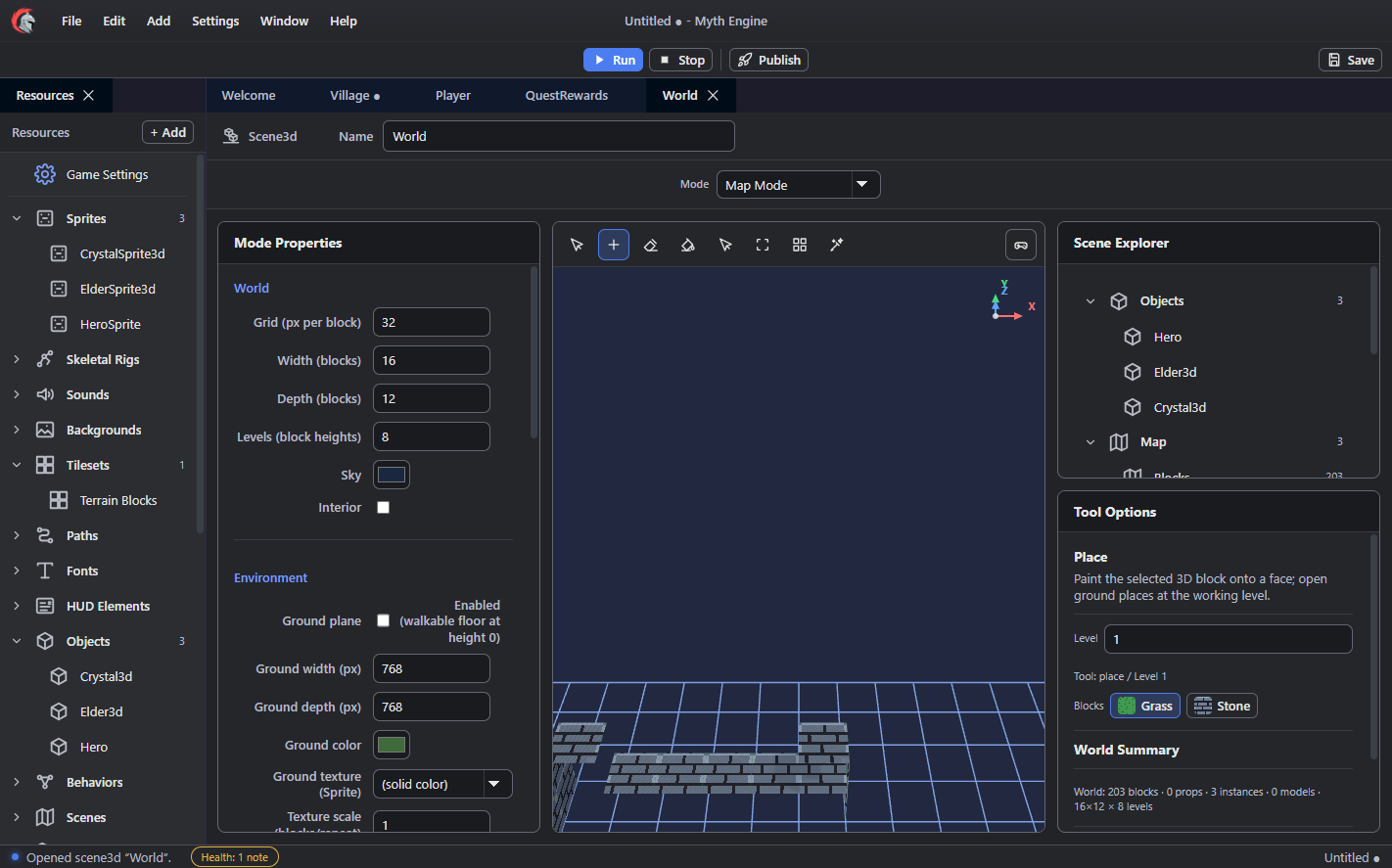 Myth Engine's Babylon-powered HD-2D editor showing block geometry, sprites, grid, and scene controls