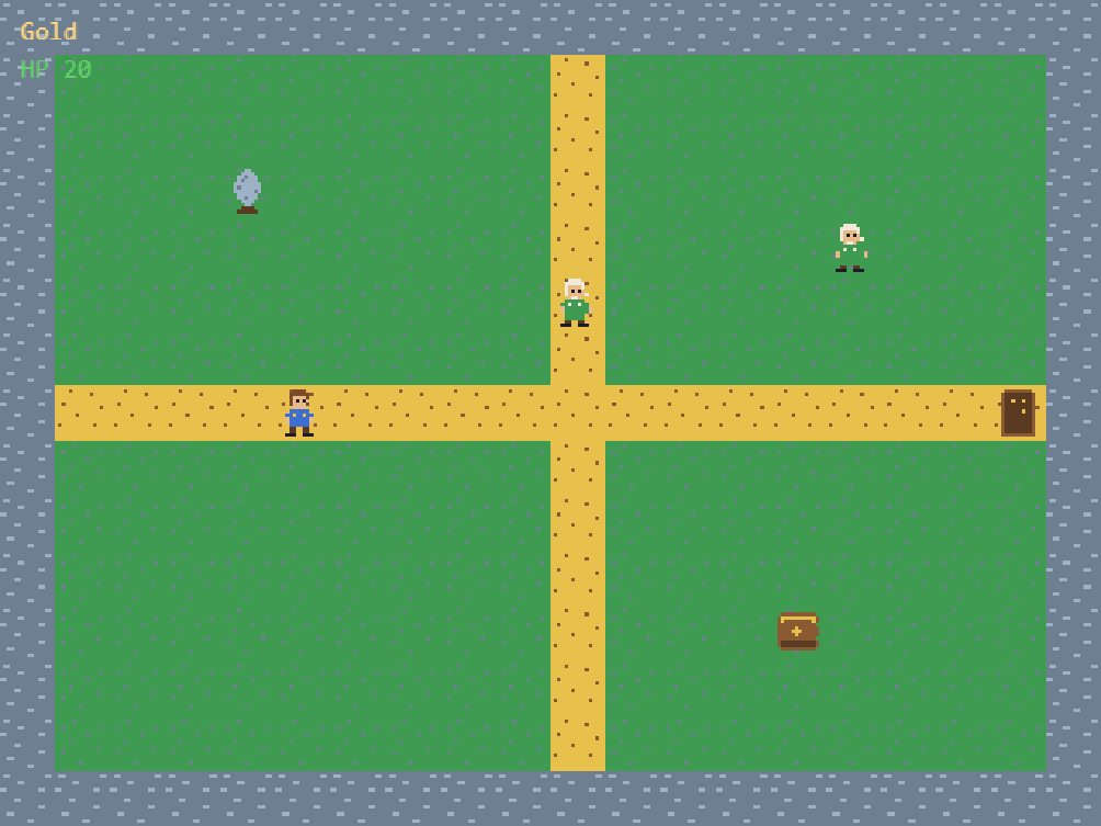 The real Myth Engine RPG Adventure starter running in playtest with a hero, village paths, NPCs, a chest, health, and gold