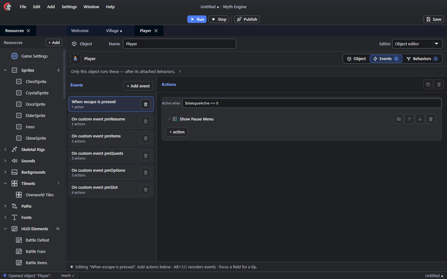 Myth Engine's visual event editor showing the Player object's events, actions, and attached behaviors